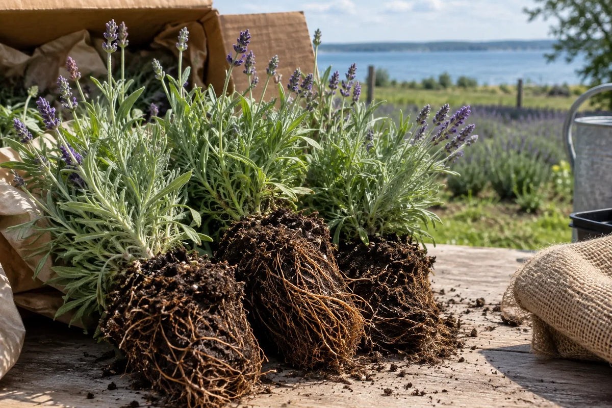 Unboxed lavender plant showing roots and leaves
