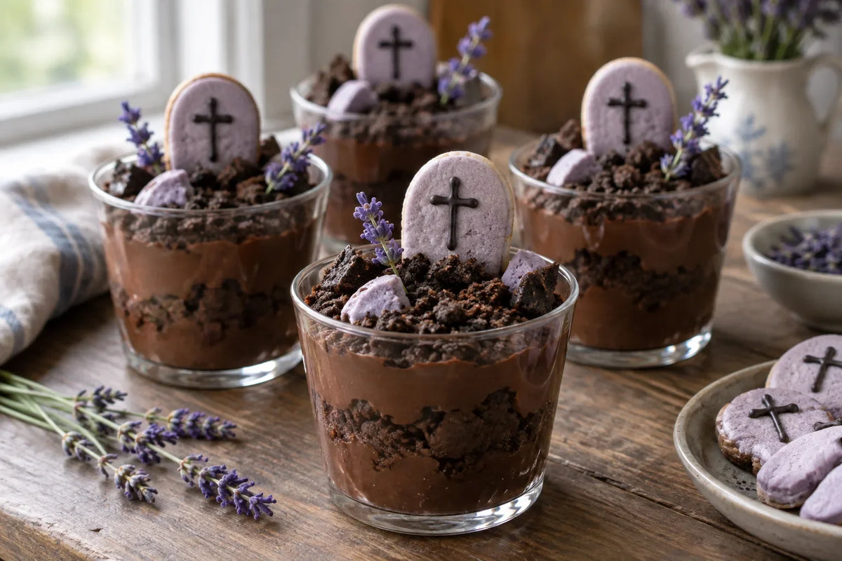 Graveyard Lavender Brownie Dirt Cups: the finished dish (AI-generated food photo)