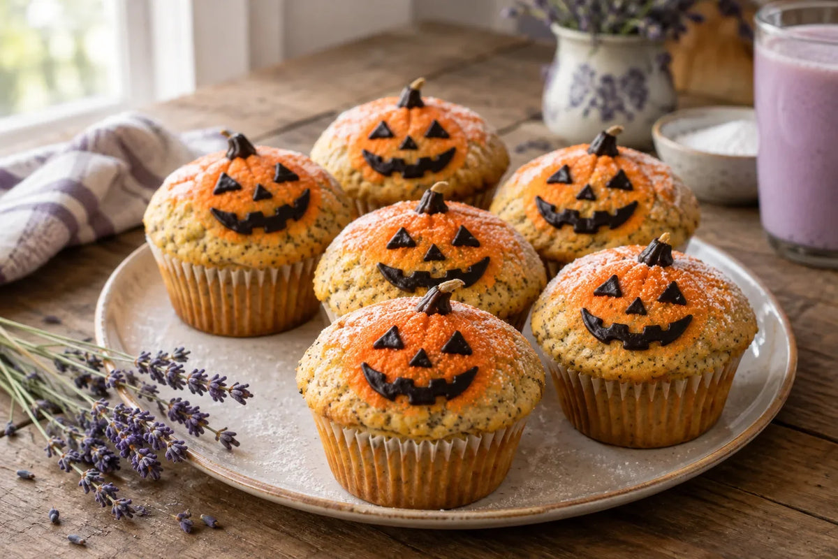 Jack-o'-Lantern Lemon Poppy Seed Lavender Muffins: the finished dish (AI-generated food photo)