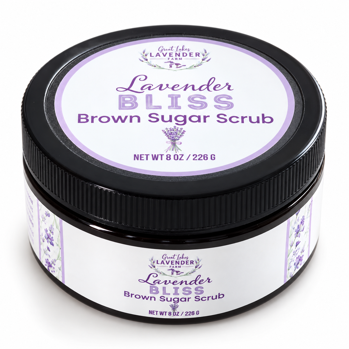 Lavender Bliss Brown Sugar Scrub, 8 oz jar with a black lid, on a white background