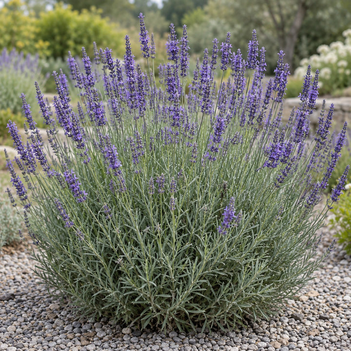 Grappenhall lavender (Lavandula × intermedia) with tall violet flower spikes in a gravel garden, illustration