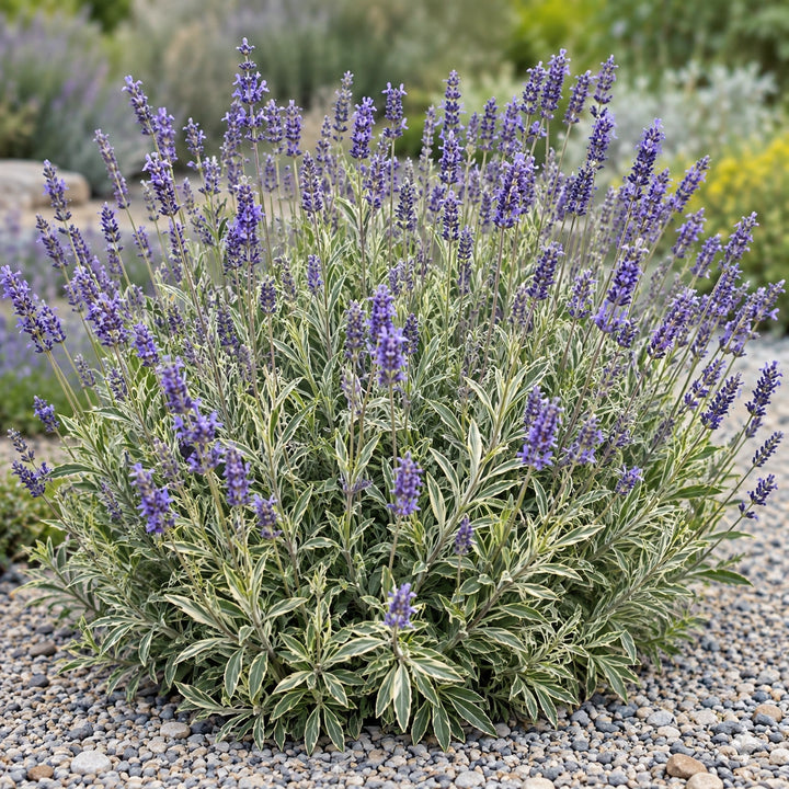 Walberton's Silver Edge lavender (Lavandula × intermedia) with cream-edged foliage and violet spikes, illustration