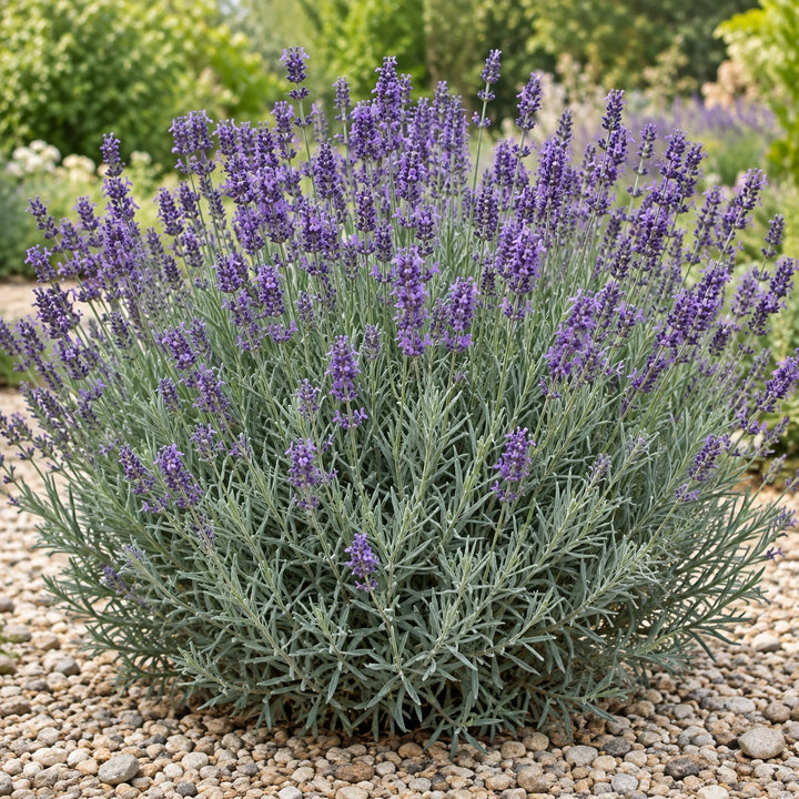 Grey Hedge lavender (Lavandula × intermedia) with purple spikes over gray foliage in a gravel garden, illustration