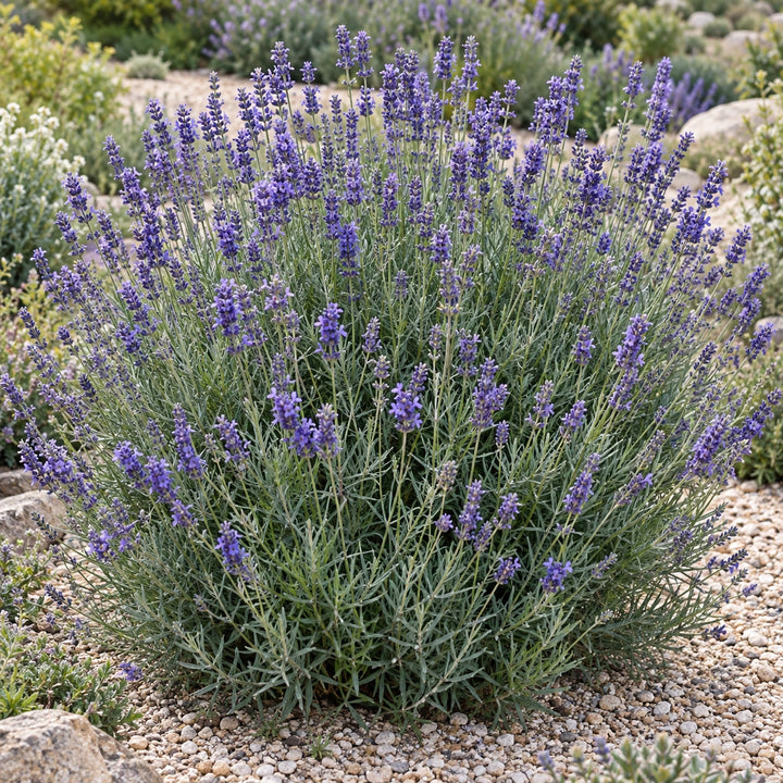 Anniversary Bouquet lavender (Lavandula × intermedia) with violet-blue flower spikes in a gravel garden, illustration