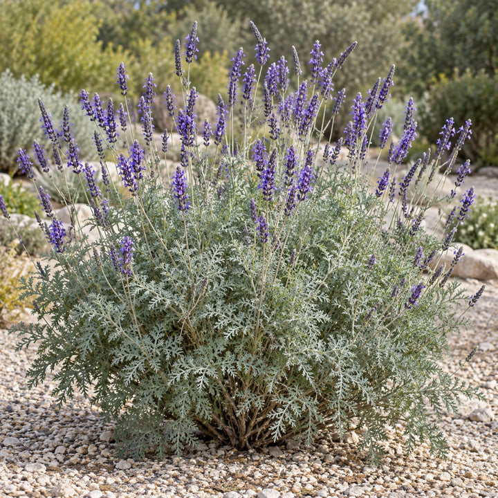 Christiana lavender (Lavandula × christiana) with lacy gray foliage and violet flower spikes in a gravel garden, illustration
