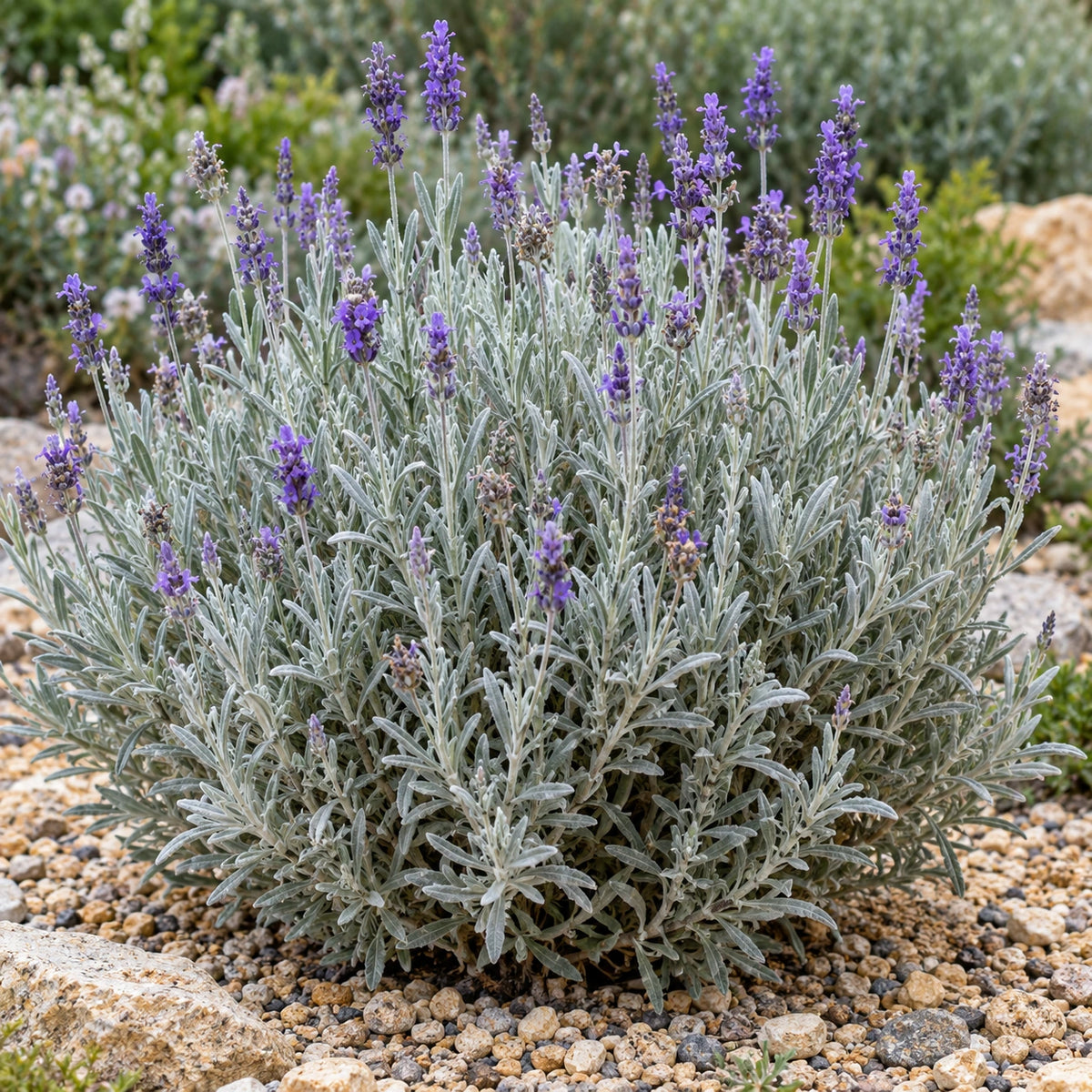AI-generated illustration of mature Woolly Lavender in bloom; not the size supplied.