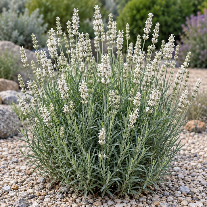 Vintro White lavender (Lavandula angustifolia) with white flower spikes on upright stems in a gravel garden, illustration