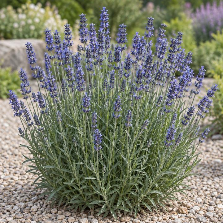 Vintro Forte Blue lavender (Lavandula angustifolia) with tall upright blue-violet spikes in a gravel garden, illustration