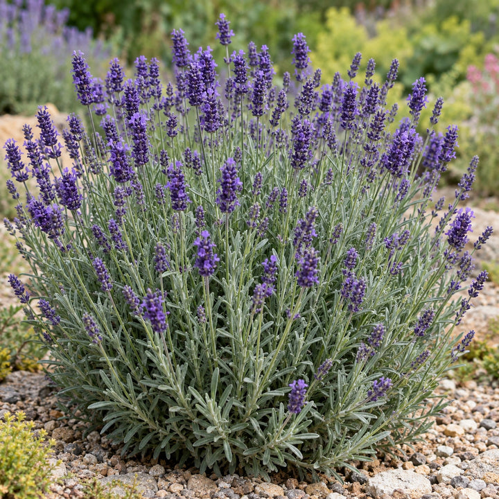 Blue Jeans lavender (Lavandula angustifolia) silvery mound with deep violet-blue spikes, illustration