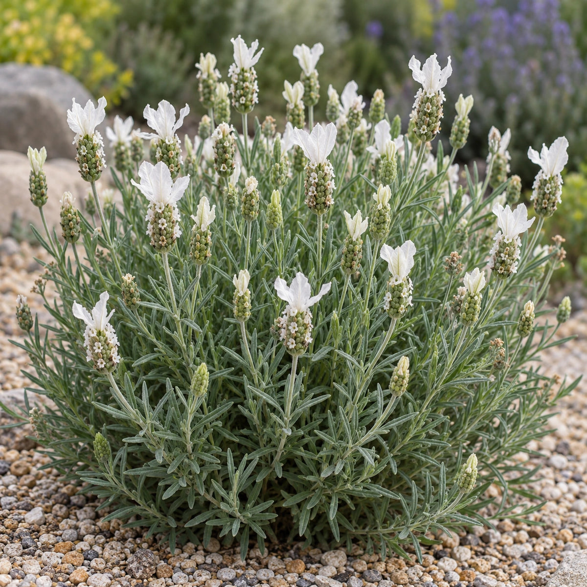 AI-generated illustration of mature Fairy Wings White Lavender in bloom; not the size supplied.