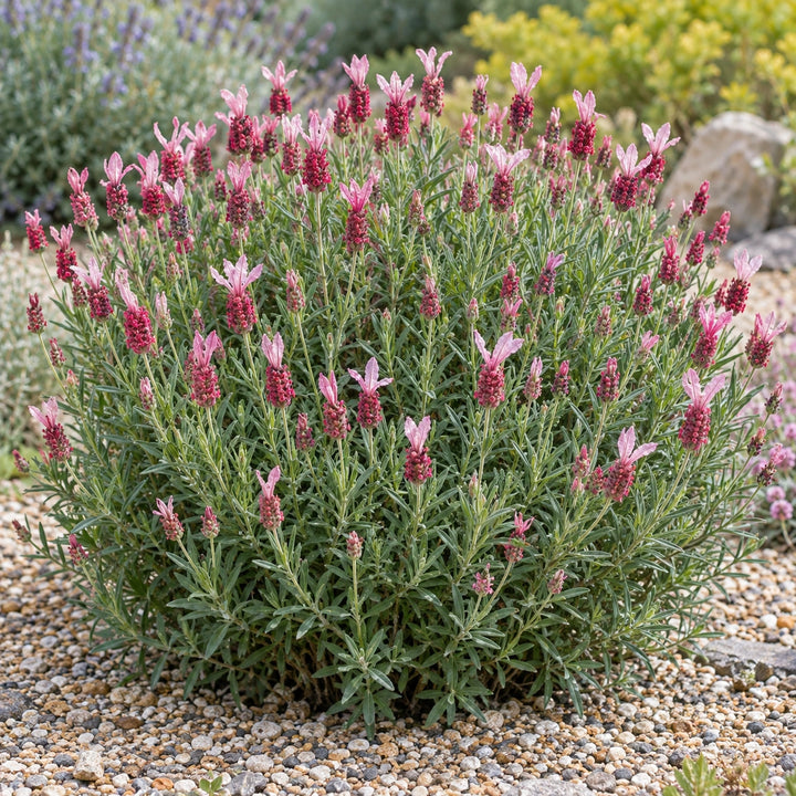 Riverina Gurli lavender (Lavandula hybrid) dense mound with raspberry-red heads and pale pink bracts, illustration