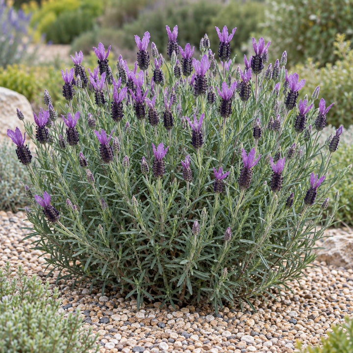 AGRI811 lavender (Lavandula stoechas) silvery mound with dark purple flower heads and violet bracts, illustration