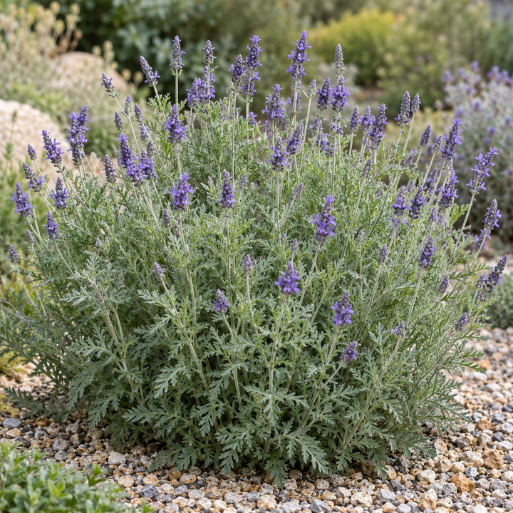 Downy lavender (Lavandula pubescens) soft gray-green cut foliage with violet-blue spikes, illustration