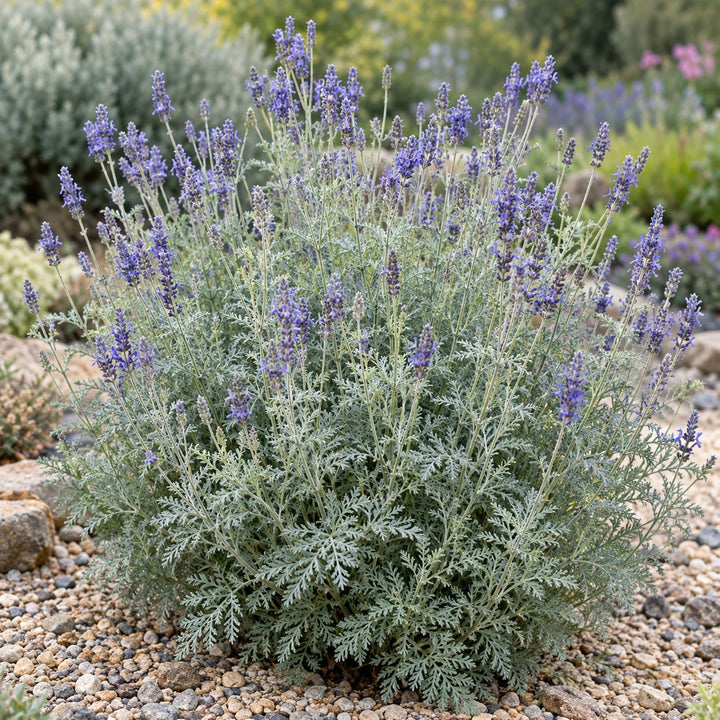 Torch Minty Ice lavender (Lavandula multifida) silvery fernlike mound with pale blue-violet spikes, illustration