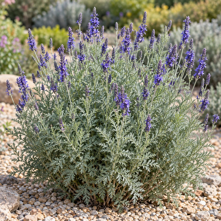 Blue Torch lavender (Lavandula multifida) fernlike silvery foliage and deep blue-violet spikes, illustration
