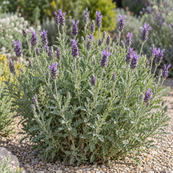 Green lavender (Lavandula dentata) bushy plant with dusky purple flower heads above green toothed leaves, illustration