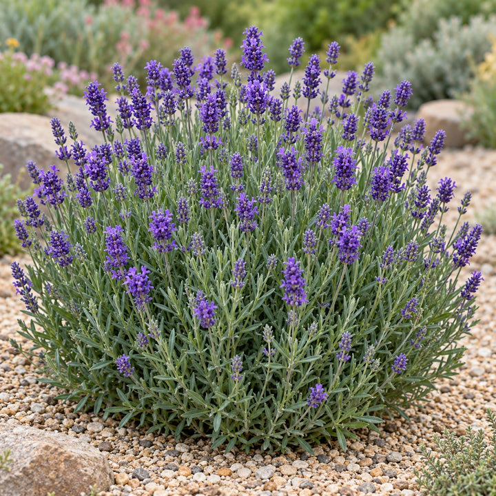 Lavenite Petite lavender (Lavandula angustifolia) compact mound of purple blooms in a gravel garden, illustration
