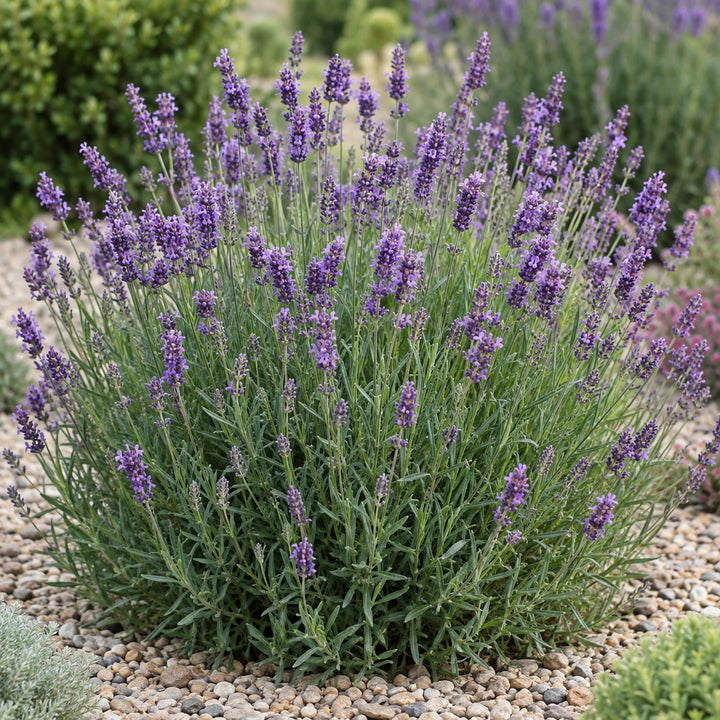 Premier lavender (Lavandula angustifolia) bushy mound with purple spikes in a gravel garden, illustration