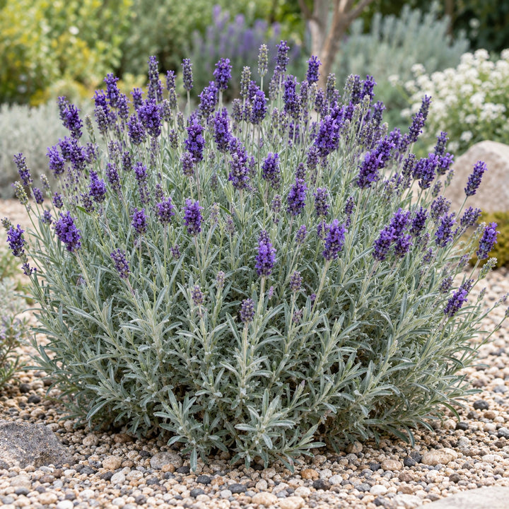 Andreas lavender (Lavandula × chaytoriae) gray-green mound with violet spikes in a gravel garden, illustration