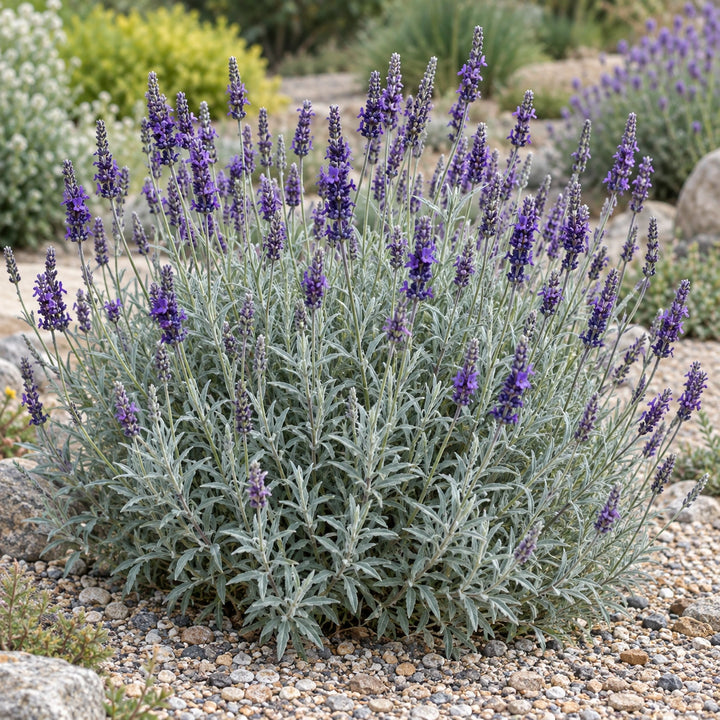Lisa Marie lavender (Lavandula × chaytoriae) silvery mound with deep purple spikes in a gravel garden, illustration