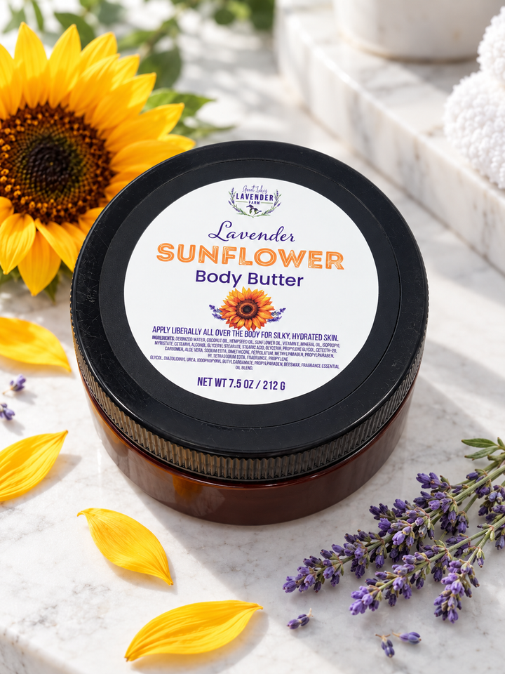Lavender Sunflower Body Butter, 7.5 oz jar on marble with a sunflower, yellow petals and lavender
