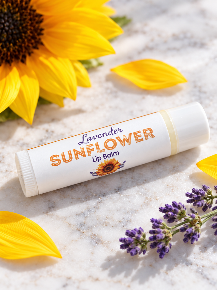 Lavender Sunflower Lip Balm tube on marble with a sunflower, yellow petals and lavender