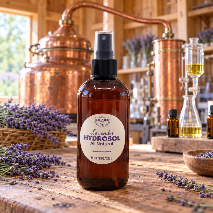 Lavender Hydrosol 8 oz spray bottle on wooden table with lavender bunches and distillery equipment.