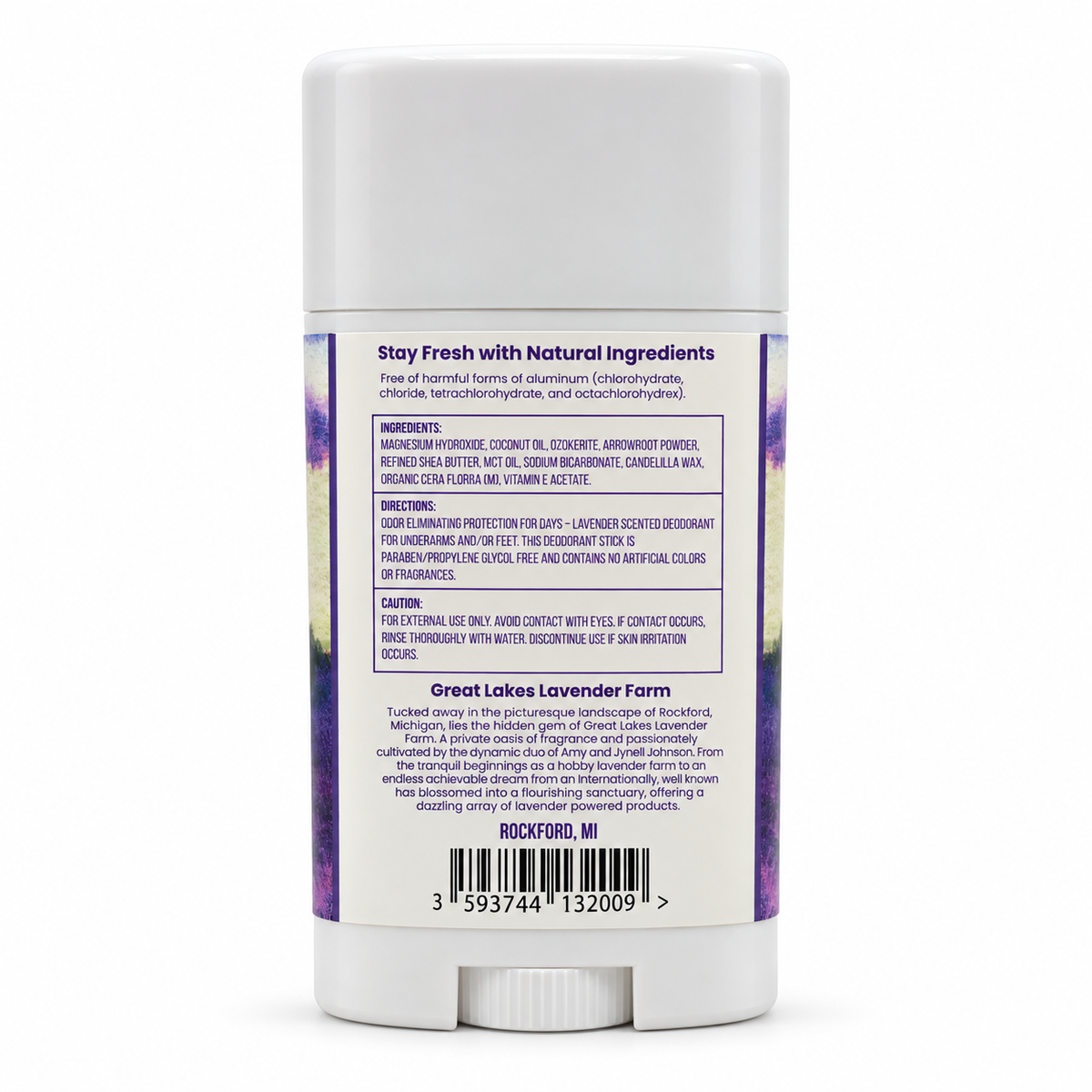 Lavender Breeze Deodorant stick, back label with ingredients and directions on a white background