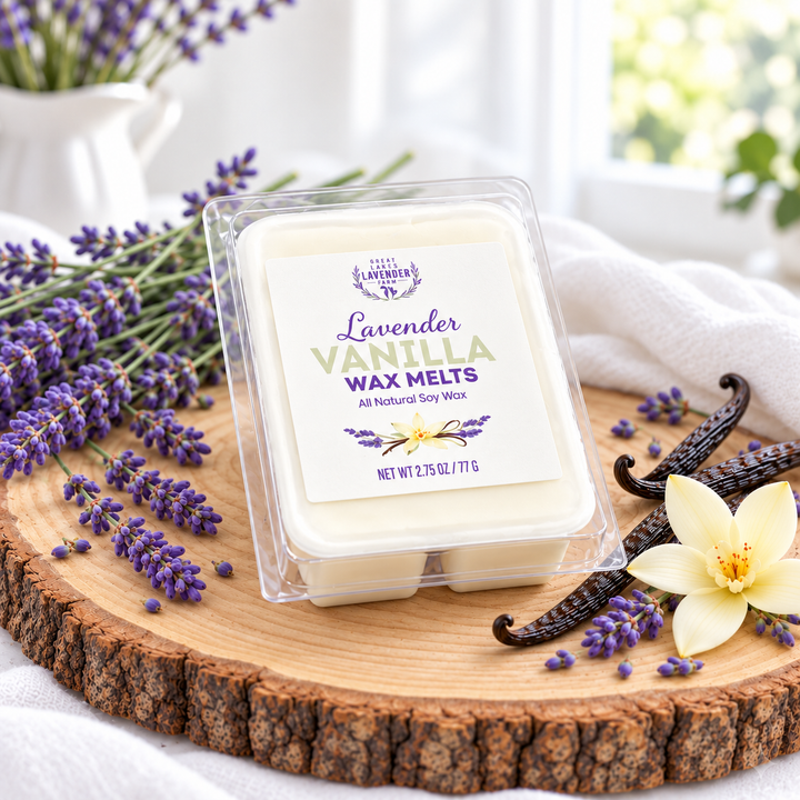 Lavender Vanilla Wax Melts clamshell on a wood slice with lavender, vanilla beans and a vanilla flower
