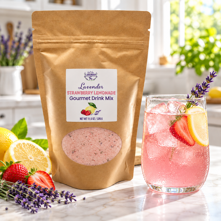 Lavender Strawberry Lemonade Gourmet Drink Mix pouch beside a pink iced drink with strawberry and lemon