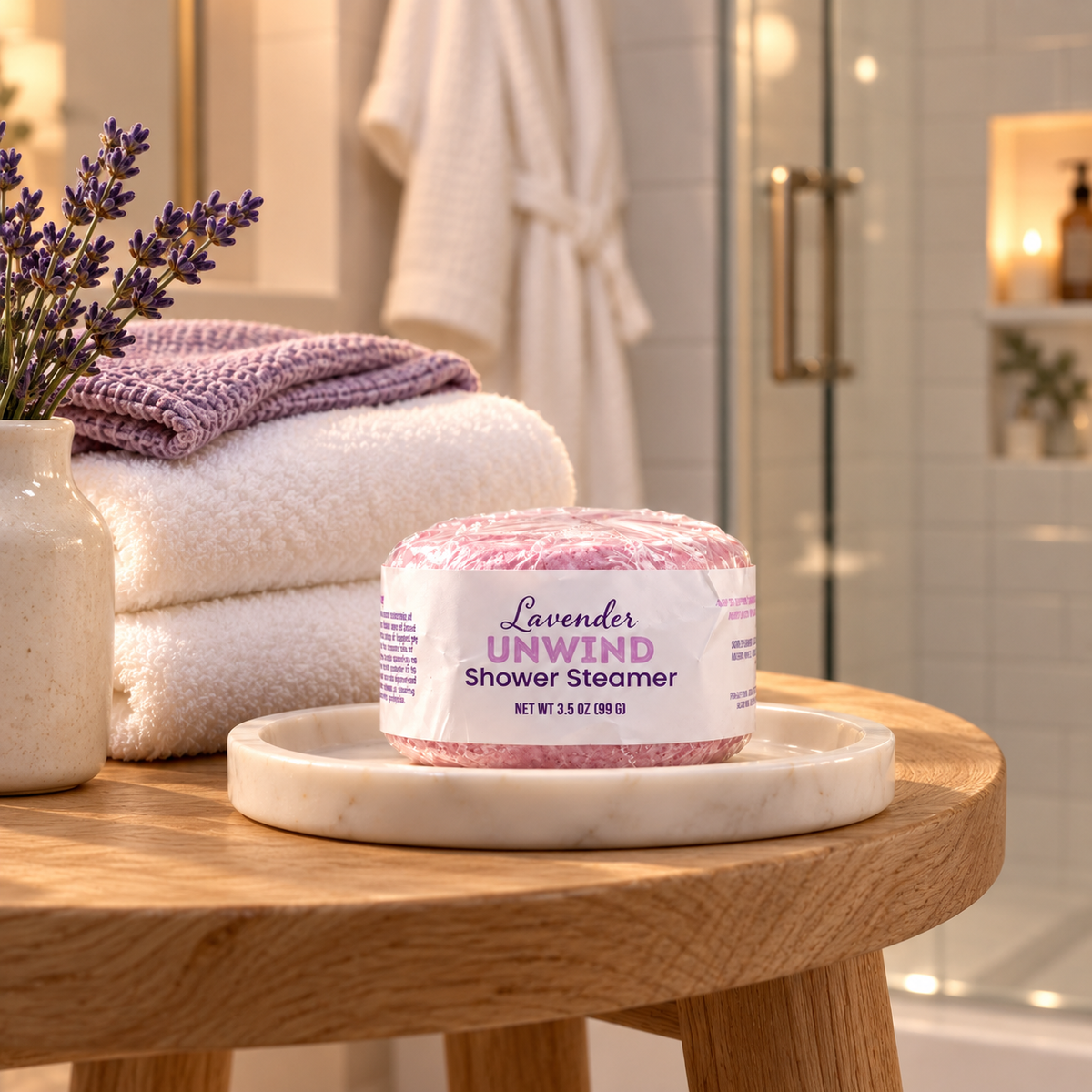Lavender Unwind Shower Steamer in label wrap on a marble dish on a stool beside folded towels