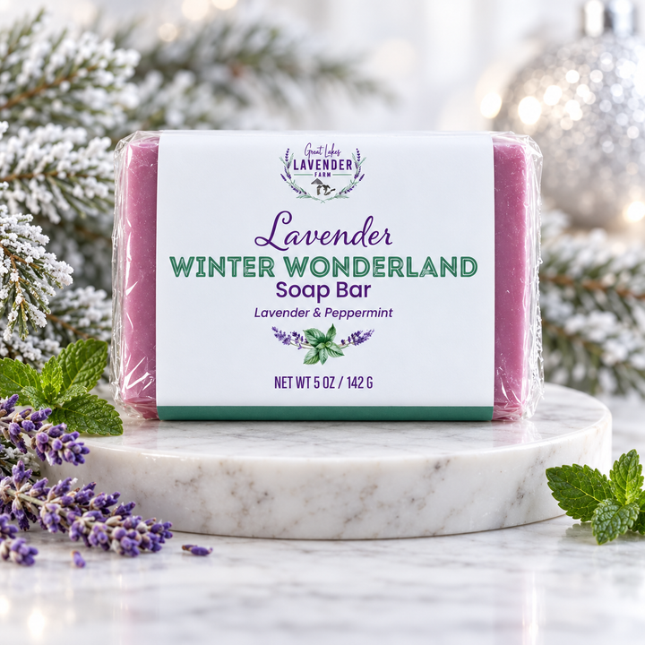 Lavender Winter Wonderland soap bar in its label wrap with frosted pine