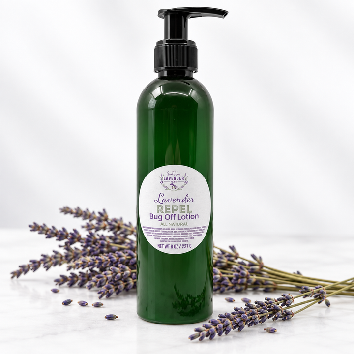 Lavender Repel Bug Off Lotion 8 oz green pump bottle on white with dried lavender bundles