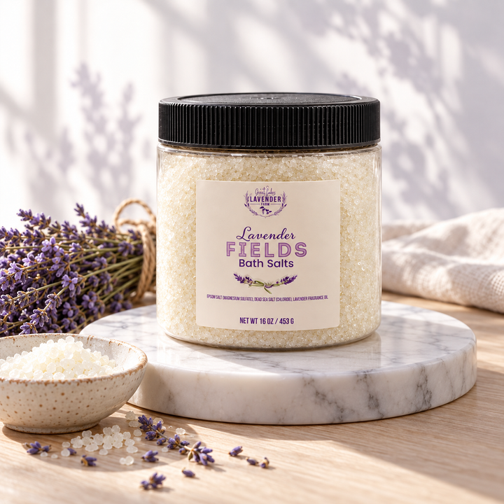 Lavender Fields Bath Salts 16 oz jar on a marble tray with a bowl of salts and dried lavender bundles