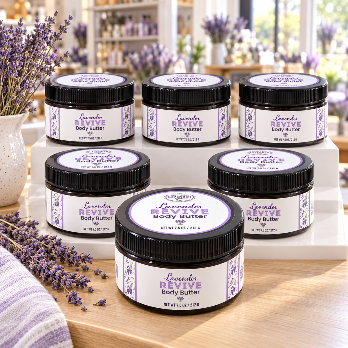 Lavender Revive Body Butter jars arranged on a tiered white display with lavender in a shop