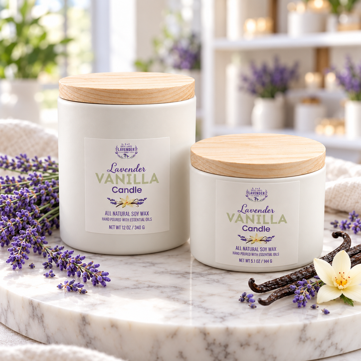 Lavender Vanilla Candles, large and small, on a marble tray with lavender, vanilla beans and a vanilla flower