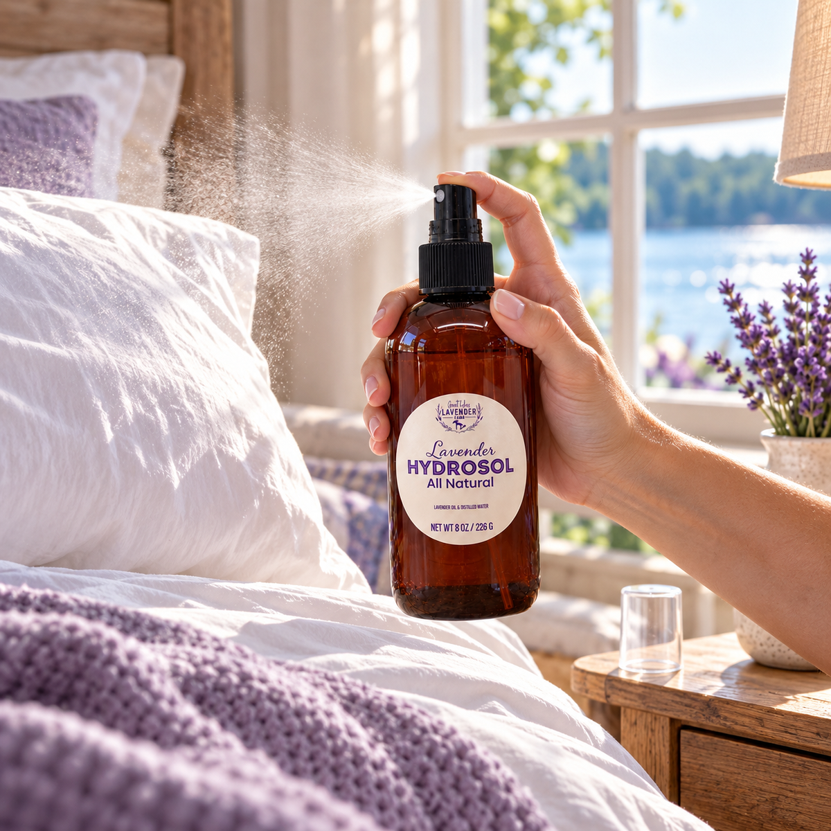 Hand spraying Lavender Hydrosol 8 oz bottle over bed with purple blanket near window and lavender.