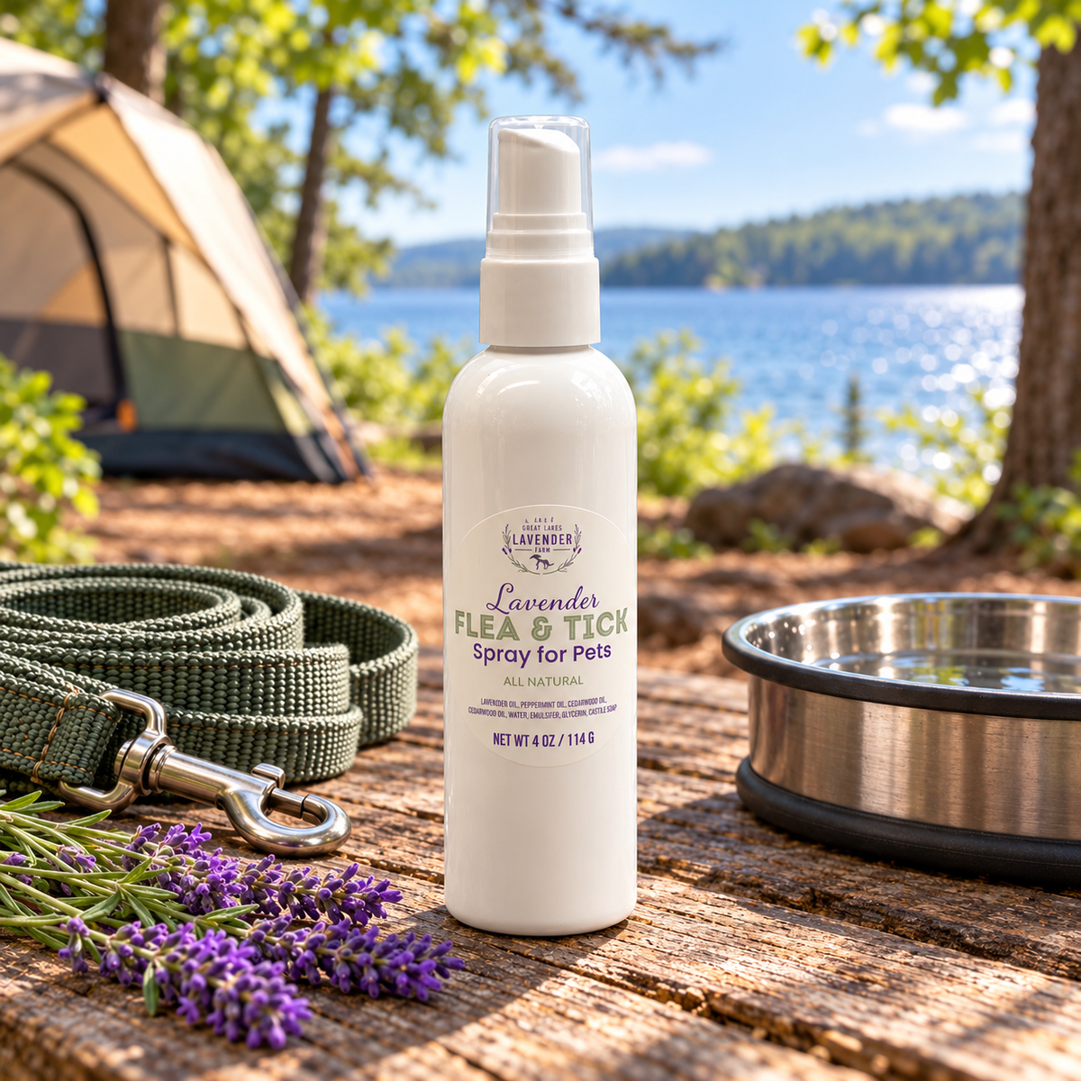 Lavender Flea & Tick Spray for Pets bottle on a picnic table with a leash, bowl and tent by a lake