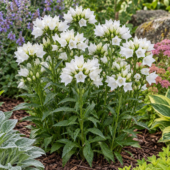 Angel Bells clustered bellflower with clusters of white bell flowers in a garden bed
