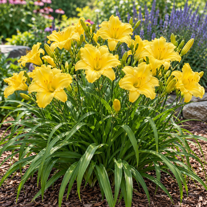 Big Time Happy daylily with bright yellow blooms in a sunny garden bed