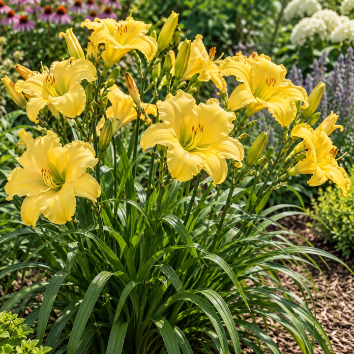 Buttered Popcorn daylily with large buttery yellow blooms in a sunny border