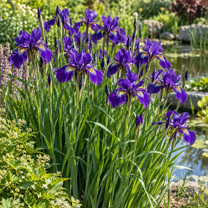 Caesar's Brother Siberian iris with deep violet blooms on tall stems beside water