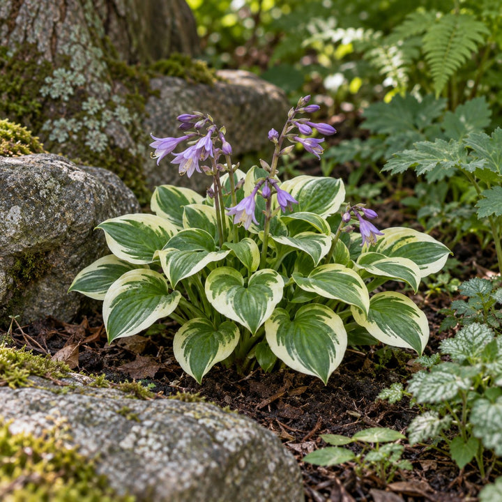 Cameo hosta, a small mound of cream-edged green leaves with purple flowers near rocks