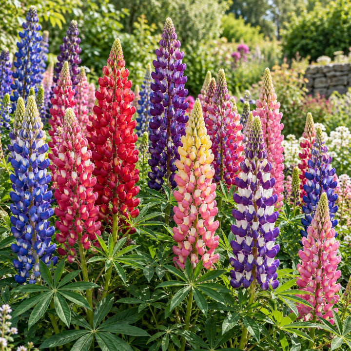 Candyland Mix lupine with red, pink, blue, purple and yellow flower spikes