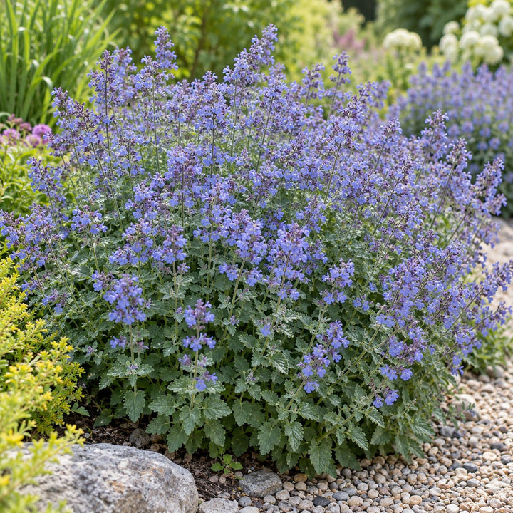Cat's Meow catmint (Nepeta) with lavender-blue flowers over gray-green leaves on gravel