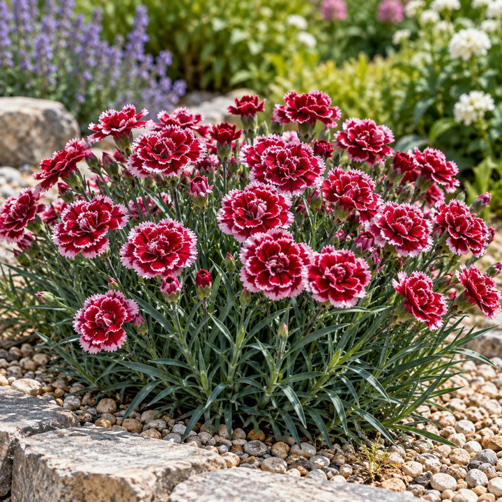 Cherry Vanilla dianthus with cherry-red double flowers trimmed in white by stone edging