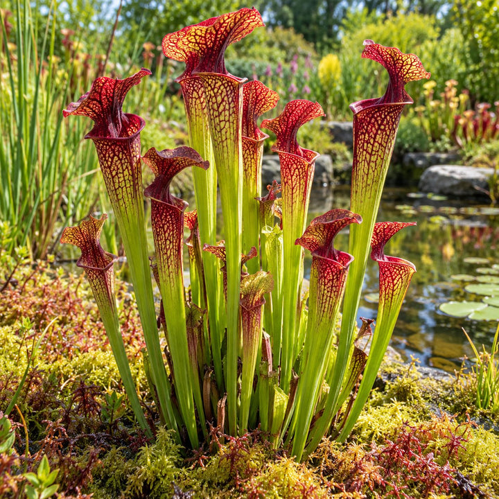 Conversation Piece pitcher plant with red-veined trumpet pitchers in a bog garden