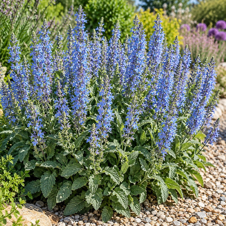 Crystal Blue salvia with light blue flower spikes above green foliage