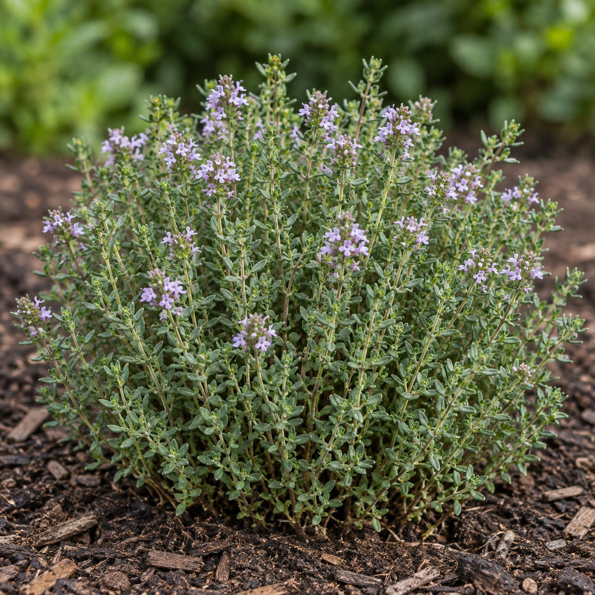 English Thyme (Thymus vulgaris) herb plant growing in a garden bed