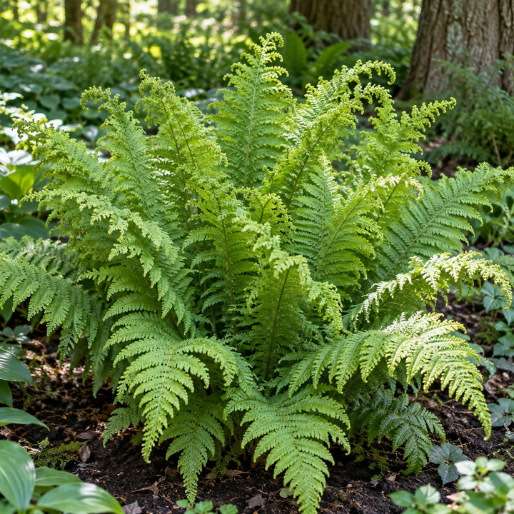 Fronds Forever lady fern with bright green lacy fronds in a woodland garden
